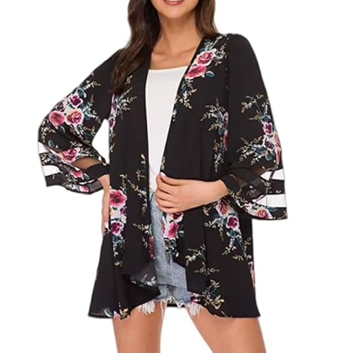 HGJH Strandtunika,Kimono Cardigan Damen Druck Schwarz Chiffon Blusen Schal Tunika Shrugs Party Tops Casual Beach Bikini Cover Ups Leichte Cardigans Mit Offener Vorderseite Für Mädchen Damen,S HGJH Strandtunika,Kimono Cardigan Damen Druck Schwarz Chiffon Blusen Schal Tunika Shrugs Party Tops Casual Beach Bikini Cover Ups Leichte Cardigans Mit Offener Vorderseite Für Mädchen Damen,S von HGJH