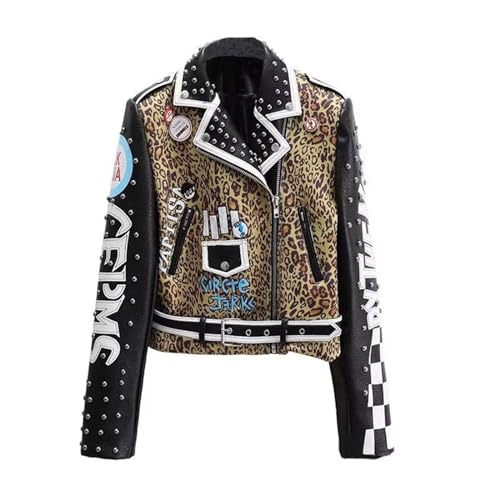 HGMMFZ Damen-Lederjacke Totenkopf-Druck Nieten Punkrock Motorradmantel Ledermaterial sexy Leopardenmuster schwarzes Hemd Reverskragen schlanke Party-Club-Kleidung von HGMMFZ