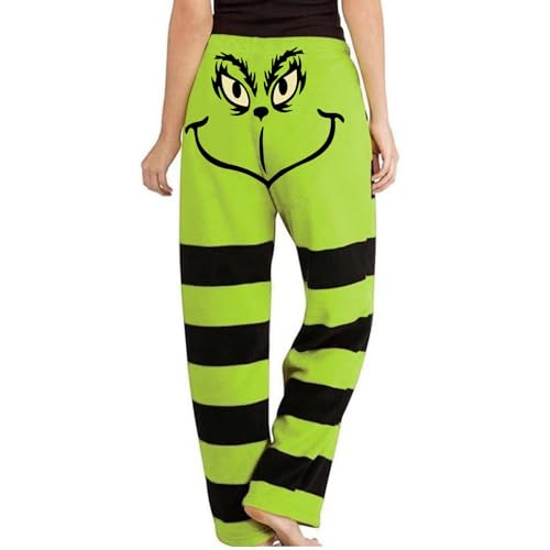 Weihnachtshose Grün Monster Hose Plus Size Hose für Damen Grünes Gestreifte Patchwork Pyjamahose Jogginghose Damen Weihnachten Cartoon Grün Monster Pyjama Hose 01-Armeegrün M von HGWOPGASD