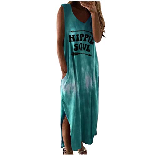 Batik Maxikleider Damen, V Ausschnitt Sommerkleid Hippie Bedrucken Kleid Lang Coole Bunt Strandkleid Ärmellos Freizeit Kleider Mit Taschen Tanktop Casual Shirtkleider Für Frauen von HHMY