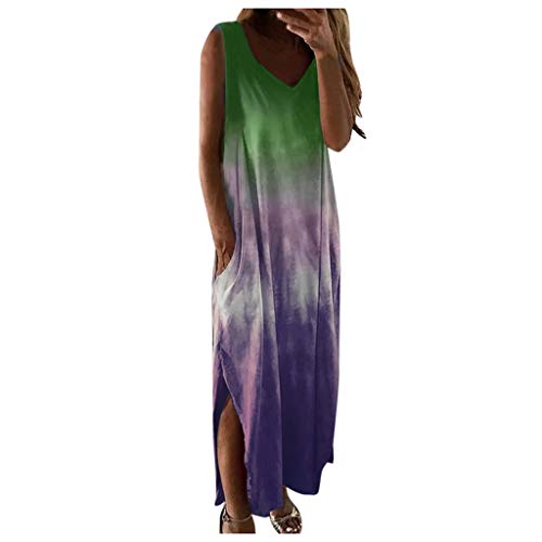 Batik Sommerkleid Damen, V Ausschnitt Maxikleider Hippie Shirtkleider Lang Coole Bunt Tanktop Strandkleid Ärmellos Freizeit Kleider Loose Casual Kleid Mit Taschen Für Frauen von HHMY