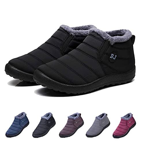 Boojoy Winter Boots, Winter Warm Anti-slip Ankle Booties, Waterproof Slip on Outdoor Fur Lined Snow Shoes for Women (42, Black) von HIDRUO