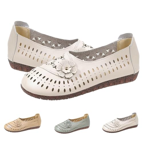 Damen Leder Weiche Sohle Rutschfeste Schuhe Bequem Casual Mode Flats Atmungsaktive Schuhe Hohle Weiche Sohle, beige, 39 EU von HIEMIT