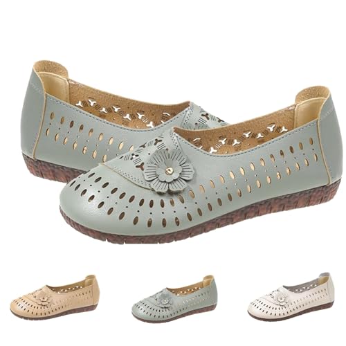 Damen Leder Weiche Sohle Rutschfeste Schuhe Bequem Casual Mode Flats Atmungsaktive Schuhe Hohle Weiche Sohle, grün, 38 EU von HIEMIT