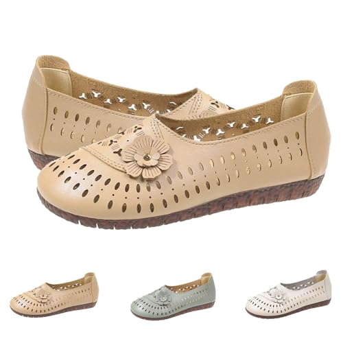 Damen Leder Weiche Sohle Rutschfeste Schuhe Bequem Casual Mode Flats Atmungsaktive Schuhe Hohle Weiche Sohle, khaki, 35 EU von HIEMIT