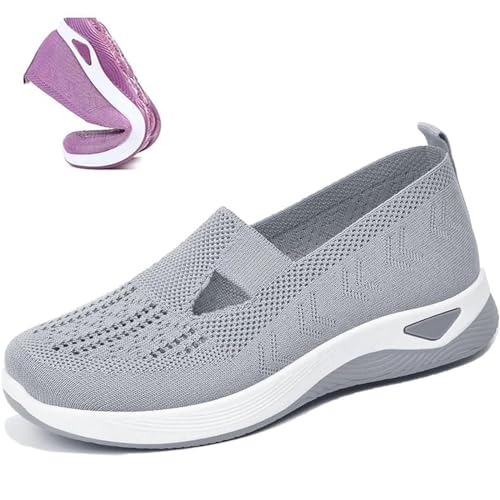 Gewebte orthopädische Damenschuhe, atmungsaktiv, weiche Sohle, freihändige Slip-In-Sneaker, Go-Walking-Slip-On-Schuhe für Frauen, grau, 39 EU von HIEMIT