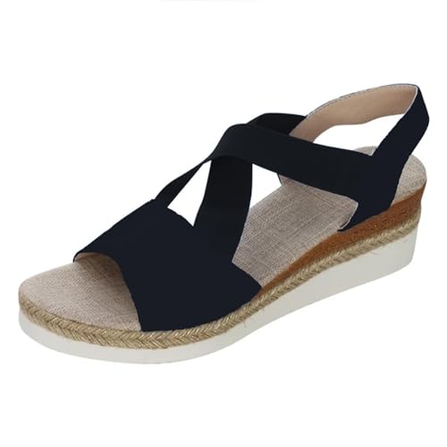 HIEMIT Bequeme Damen-Sandalen mit Keilabsatz, Sommer, flach, Keilabsatz, Fischmund, lässig, Strand, Outdoor-Schuhe, Sommer, bequeme Sandalen, Schwarz , 37 EU von HIEMIT