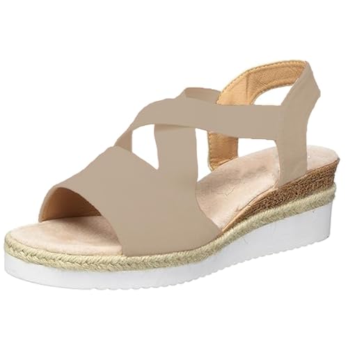 HIEMIT Bequeme Damen-Sandalen mit Keilabsatz, Sommer, flach, Keilabsatz, Fischmund, lässig, Strand, Outdoor-Schuhe, Sommer, bequeme Sandalen, beige, 36 EU von HIEMIT