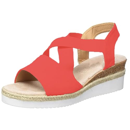 HIEMIT Bequeme Damen-Sandalen mit Keilabsatz, Sommer, flach, Keilabsatz, Fischmund, lässig, Strand, Outdoor-Schuhe, Sommer, bequeme Sandalen, rot, 36 EU von HIEMIT