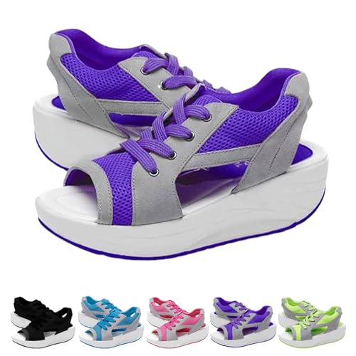 HIEMIT Muffinsandals für Damen, kontrastierende Einsätze mit Cutout-Schnürung, Muffinsandalen für Damen, lässige Sommerzehe, Plateau-Sandalen, Sneaker-Sandalen für Damen, Sommer, violett, 35 EU von HIEMIT