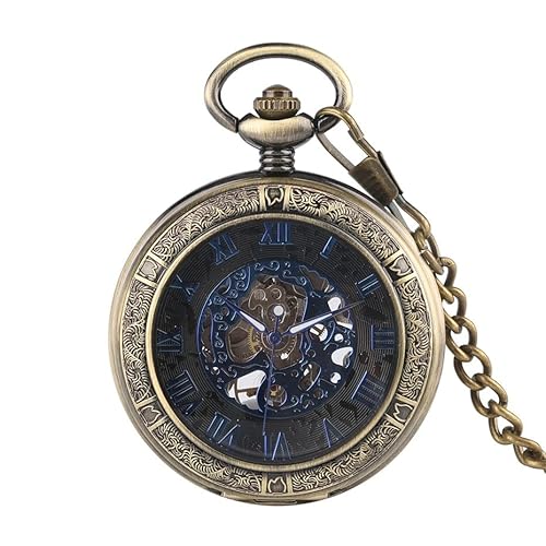 Mechanische Taschenuhr mit schwarzem Zifferblatt, transparent, blau, römische Ziffern, Handaufzug, Taschenuhr for Herren von HIFFEY