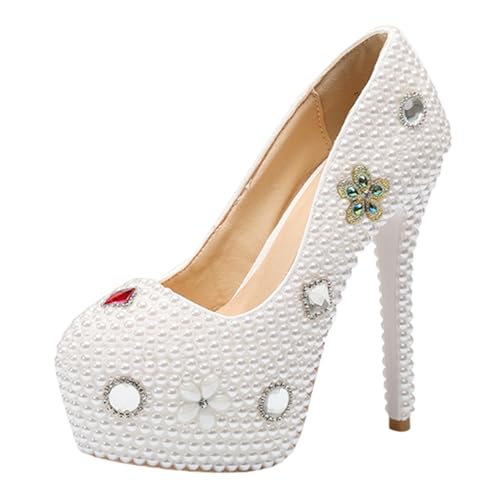 14 cm Große Weiße Damen-Stiletto-Plateau-High-Heels Mit Blumen-Pumps, Stiletto-Schuhe Für Damen, Modische Abendschuhe,Weiß,42 EU von HIFIgHDY