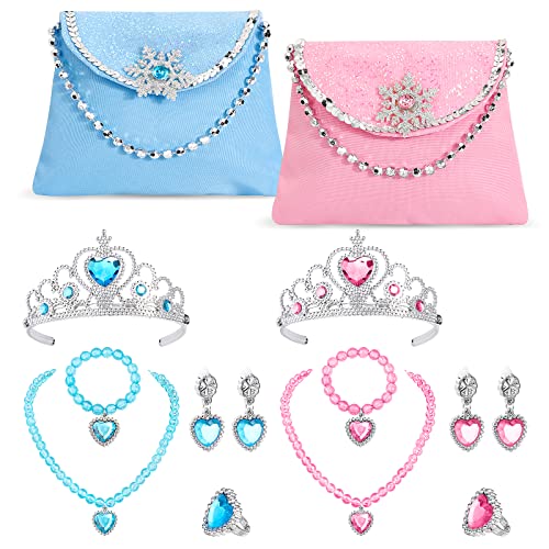 Hifot Handtasche Schmuckset für Kinder, Elsa Krone Halskette Armband Ring Ohrring Schneeflocke Taschen Kinderschmuck Set, Prinzessin Ankleiden Partyartikel Geburtstag Geschenk von Hifot