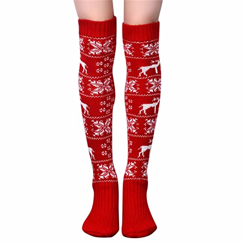 Socken Atmungsaktiv Damen Frauen Weihnachten Herbst und Winter gestrickte Baumwollsocken Weihnachten gestrickte Overknee-Wollstrümpfe Overknees Strümpfe Herren(Red,One Size) von HIGOU