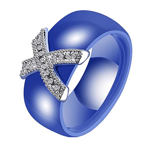 HIJONES Damen Mädchen Elegante Kristall Keramik Ring Kuppel aus Edelstahl mit Zirkonia Promise Eheringe Blau Größe 60 von HIJONES