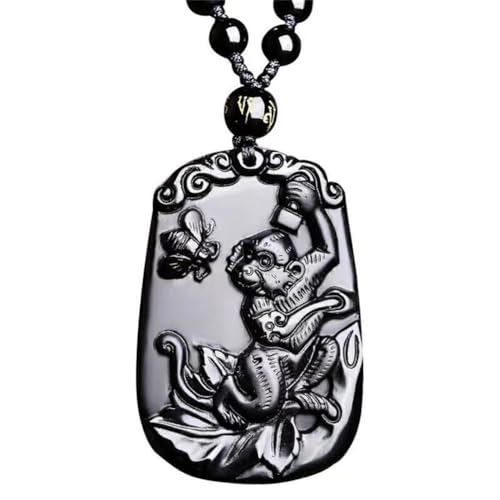 HIJONES Frauen Männer Chinesischer Tierkreiszeichen-Anhänger Halskette aus Schwarzer Obsidian 12 Zeichen Amulett Talisman Perlenkette Einstellbar AFFE von HIJONES