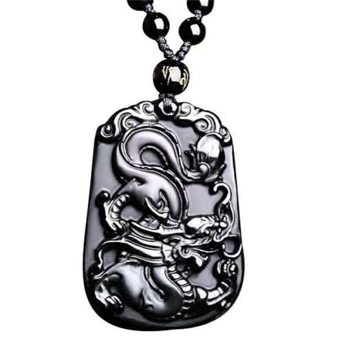 HIJONES Frauen Männer Chinesischer Tierkreiszeichen-Anhänger Halskette aus Schwarzer Obsidian 12 Zeichen Amulett Talisman Perlenkette Einstellbar Drache von HIJONES