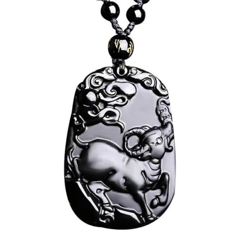 HIJONES Frauen Männer Chinesischer Tierkreiszeichen-Anhänger Halskette aus Schwarzer Obsidian 12 Zeichen Amulett Talisman Perlenkette Einstellbar Ochse von HIJONES