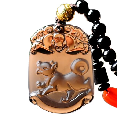 HIJONES Frauen Männer Chinesisches Tierkreiszeichen Tier Anhänger Halskette aus Vintage Braun Obsidian 12 Zeichen Amulett Talisman Buddhistische Perlenkette Hund von HIJONES