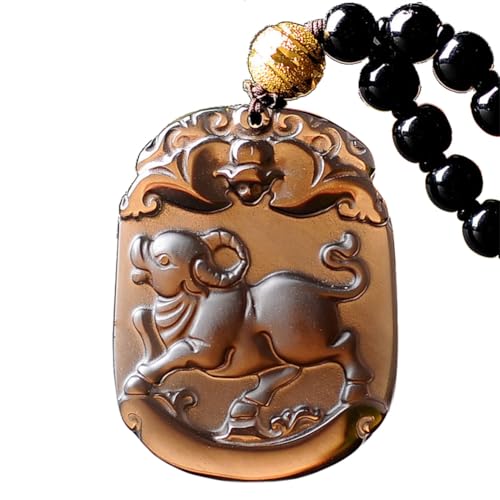 HIJONES Frauen Männer Chinesisches Tierkreiszeichen Tier Anhänger Halskette aus Vintage Braun Obsidian 12 Zeichen Amulett Talisman Buddhistische Perlenkette Ochse von HIJONES