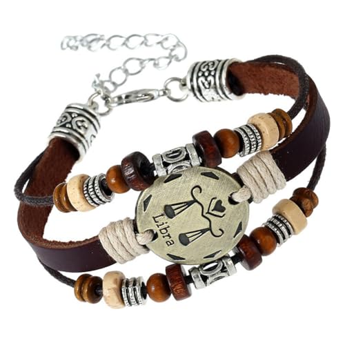 HIJONES Frauen Männer Vintage Sternzeichen 12 Konstellation Rundes Münzarmband aus Weave Multilayer Braunes Leder Wrap Constellation Armbänder Waage von HIJONES