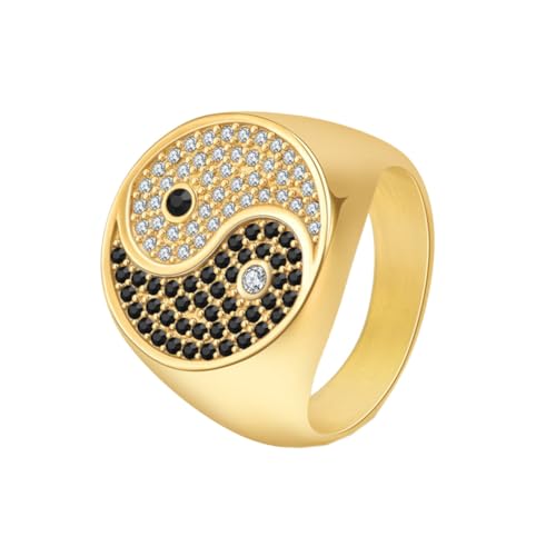 HIJONES Frauen Männer Vintage Taoismus Yin Yang Bagua Ring aus Rostfreier Stahl Zierlicher Cubic Zirkonia Inlay Ring Gold Größe 57 (18.1) von HIJONES