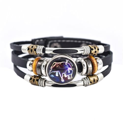 HIJONES Frauen Männer Zierliches Sternzeichen 12 Sternzeichen Leuchtarmband aus Weave Multilayer Schwarzes Leder Wrap Constellation Armbänder Stier von HIJONES