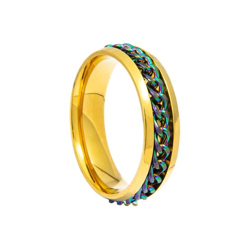 HIJONES Herren Damen 6mm Drehbare Kette Ring Edelstahl Multicolor Aussage Ring Band Fingerschmuck Goldener Regenbogen52 (16.6) von HIJONES