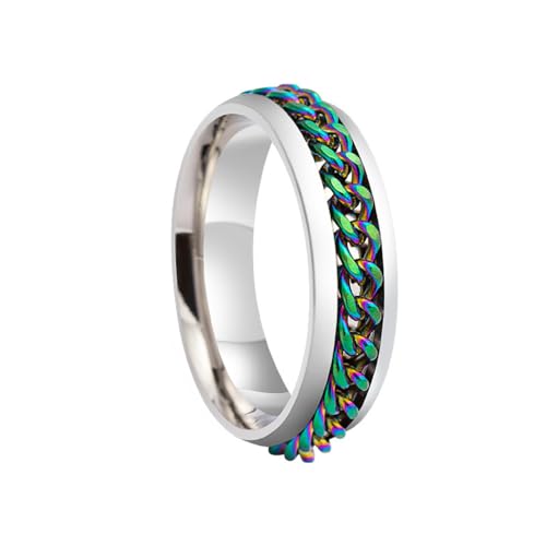 HIJONES Herren Damen 6mm Drehbare Kette Ring Edelstahl Multicolor Aussage Ring Band Fingerschmuck Silberner Regenbogen Größe 57 (18.1) von HIJONES