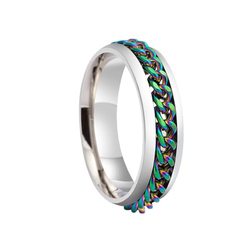 HIJONES Herren Damen 6mm Drehbare Kette Ring Edelstahl Multicolor Aussage Ring Band Fingerschmuck Silberner Regenbogen Größe 60 (19.1) von HIJONES