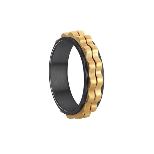 HIJONES Herren Damen 6mm Roatatble Ring Edelstahl 2 Reihe Lokomotive Getriebe Aussage Ring Band Hip Hop Fingerschmuck Schwarzes Gold Größe 68 (21.6) von HIJONES