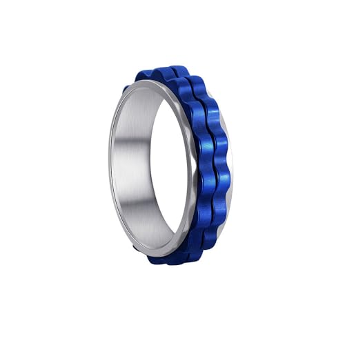 HIJONES Herren Damen 6mm Roatatble Ring Edelstahl 2 Reihe Lokomotive Getriebe Aussage Ring Band Hip Hop Fingerschmuck Silberblau Größe 68 (21.6) von HIJONES