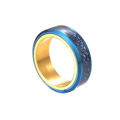 HIJONES Herren Damen 8mm Roatatble Drache Ringe Edelstahl Statement Kohlefaser Ring Band Hip Hop Fingerschmuck Blaues Gold Größe 70 (22.3) von HIJONES