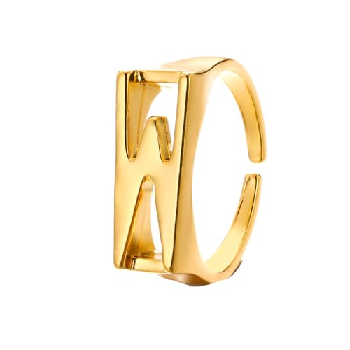 HIJONES Initialenring für Damen Verstellbar Stapelbar Alphabet Offene Ringe Einfach Schlichtes Hochzeitsband Gold W von HIJONES