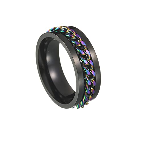 HIJONES Männer Frauen 8MM Klasse Drehbare Kette Sorge Ring aus Rostfreier Stahl Band Für Menschen Mit Angstzuständen Schwarzer Regenbogen Größe 68 (21.6) von HIJONES