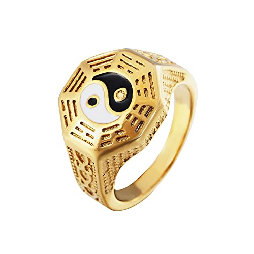 HIJONES Männer Frauen Yin Yang Ring aus Rostfreier Stahl Ba Gua Amulett Altchinesischer Geschnitzter Ring Gold Größe 62 (19.7) von HIJONES