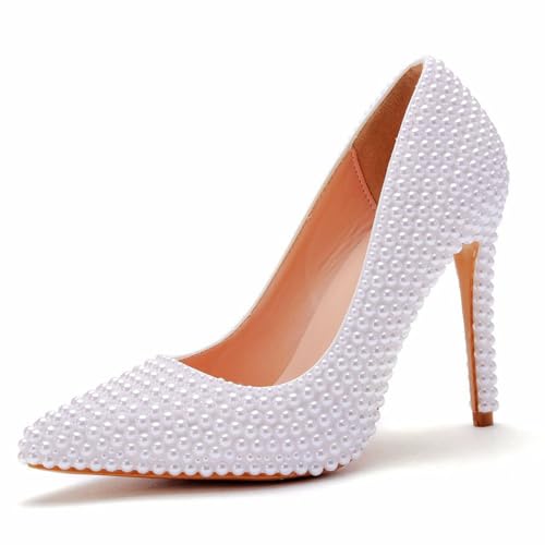 Bequeme, Klassische Damen-Pumps mit spitzer Zehenpartie und hohem Absatz, Slip-On-Stilettos, Pumps, Schuhe für Hochzeit, Arbeit, Büro, Business,Weiß,41 EU von HIKKWXVN