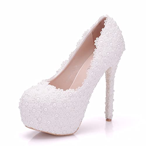 Damen 14 cm Stilettos Slip On Plateau High Heels Pumps Schuhe für Kleid Hochzeit Party Abend Homecoming Abschlussball,Weiß,36 EU von HIKKWXVN