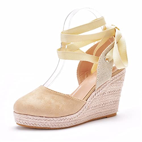 HIKKWXVN Damen-Espadrilles zum Schnüren, geschlossener Zehenbereich, Keilabsatz, Plateau-Sandalen, für Party, Abschlussball, Urlaub, Strand, Elegante Schuhe,Apricot Color,34 EU von HIKKWXVN