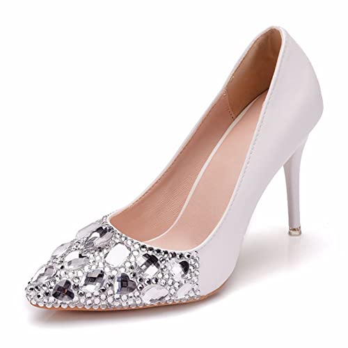 Damen High Heels Pumps Kleid Geschlossen Spitze Zehen Bequeme Pumps Schuhe für Arbeit Büro Hochzeit Tanzen,Weiß,38 EU von HIKKWXVN