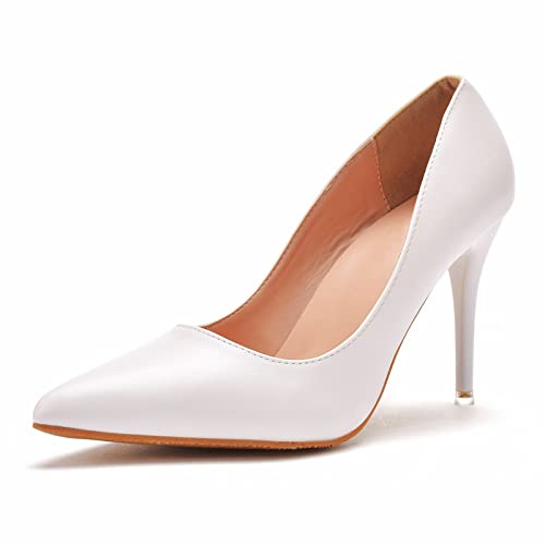 Damen-Pumps, 8,9 cm (3,5 Zoll), Spitze, geschlossene Zehen, Stiletto, Klassische High Heels, Slip-on-Porm-Party-Hochzeitskleid-Schuhe,Weiß,35 EU von HIKKWXVN