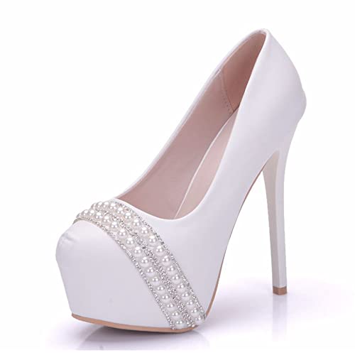 Damen-Pumps, Plateau-High-Heels mit runder Spitze, 14 cm Absätze für Hochzeit, Party, Abend, Heimkehr, Abschlussball,Weiß,34 EU von HIKKWXVN