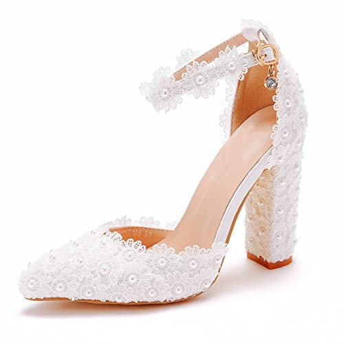 Damen-Pumps mit Blockabsatz, spitz, geschlossener Zehenbereich, Knöchelriemen, Hochzeitsschuhe, für Braut, Abschlussball, Party, Kleid,Weiß,42 EU von HIKKWXVN