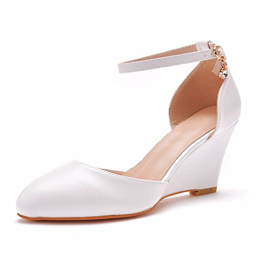 Damen-Pumps mit geschlossenem Zehenbereich, 7,6 cm, Keilabsatz, für Hochzeit, Braut, Kleid, Party, weiße Abendschuhe,Weiß,34 EU von HIKKWXVN