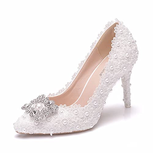 Damen-Pumps mit hohem Absatz für Brautkleider, sexy Spitze Stiletto-Absätze mit geschlossener Zehenpartie, 8,9 cm, Pumps für Party-Abschlussball,Weiß,40 EU von HIKKWXVN