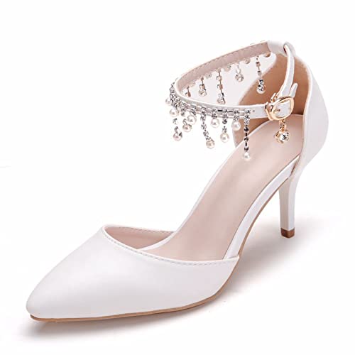 Damen-Pumps mit hohen Absätzen, Knöchelriemen, Schnallen und Spitzen Zehen, für Hochzeit, Party, Arbeit, Büro, Alltag,Weiß,35 EU von HIKKWXVN