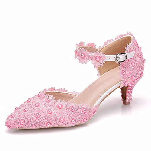 Damen Pumps mit niedrigem Absatz und Knöchelriemen, Cutout, Cutout, spitzer Zehenbereich, Kitten Heels, Elegante Pumps, Pumps für die Arbeit bei Hochzeiten,Rosa,34 EU von HIKKWXVN