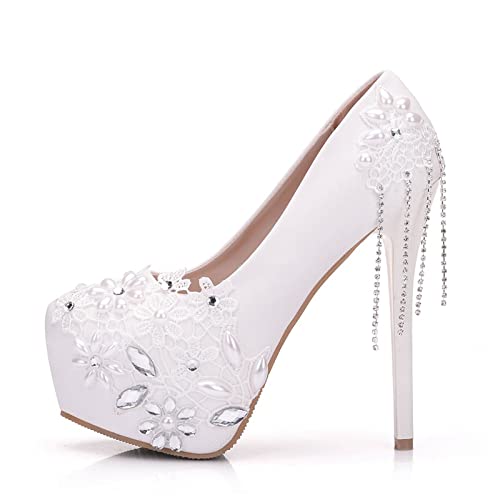 Damen-Pumps mit rundem Zehenbereich und Plateausohle, für Partys, Elegante Brautjungfern-Absätze, für Heimkehr-Ballschuhe,Weiß,35 EU von HIKKWXVN