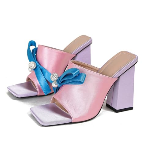 Damen-Sandalen mit klobigem Absatz und offenem Zehenbereich, zum Hineinschlüpfen mit Absatz, Mules-Sandalen, Party-Sommerkleid-Schuhe,Rosa,42 EU von HIKKWXVN