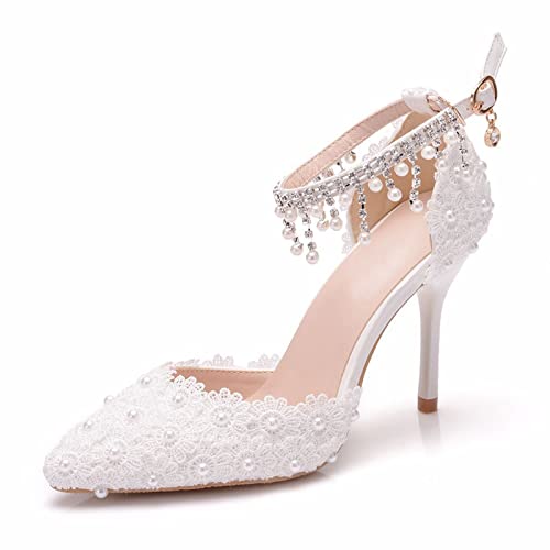 Damen Spitzschuh mit Knöchelriemen, Stilettos, Party, Hochzeit, Braut, Abschlussball, Pumps, Basic-Schuhe, 8,9 cm Absatz,Weiß,39 EU von HIKKWXVN